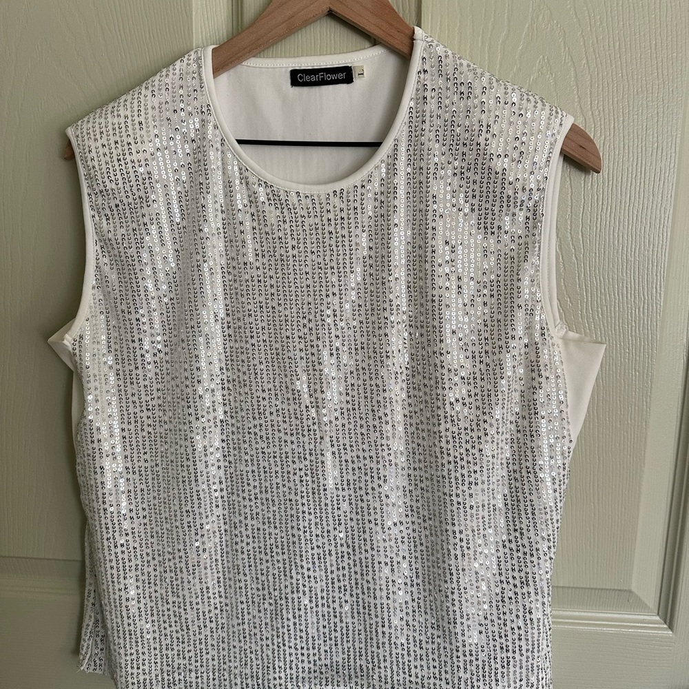 Glamorous White Sequin Blouse, perfect for a holiday party!